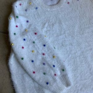 Worn Once Fuzzy Sweater With Multi Color Beads, Sz Large